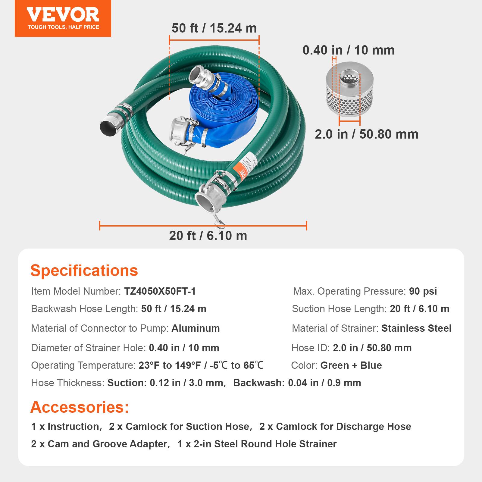 VEVOR Kit tuyau aspiration pompe eau, diamètre 50,8 mm x 15,24 m. Crépine acier. - Image 7