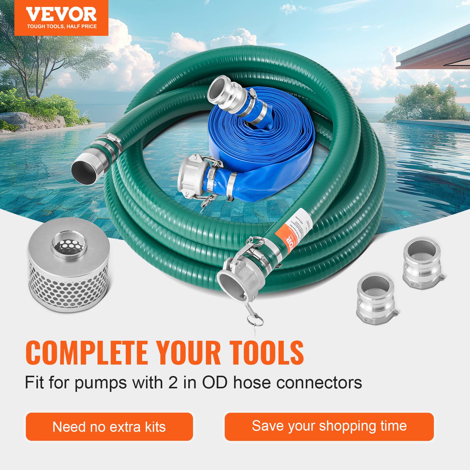 VEVOR Kit tuyau aspiration pompe eau, diamètre 50,8 mm x 15,24 m. Crépine acier. - Image 2