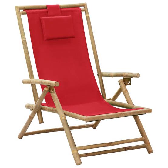 Chaise de jardin | Chaise de relaxation inclinable Rouge Bambou et tissu - Image 2