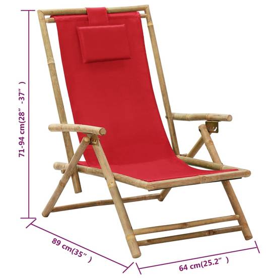 Chaise de jardin | Chaise de relaxation inclinable Rouge Bambou et tissu - Image 8