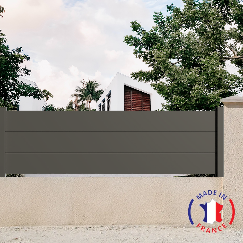 Portail Packit - Clôture alu 3 lames modèle plein en kit dim. L.2107 mm (poteaux compris) X H.660 mm  Gris Quartz RAL 7039