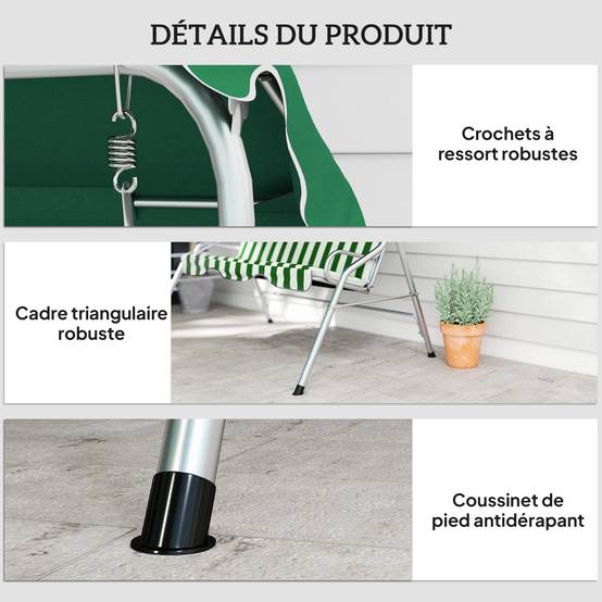 Balancelle 3 places métal terrasse toit inclinable anti-UV 170x153cm vert - ComfortXL Outdoor Living - Image 7