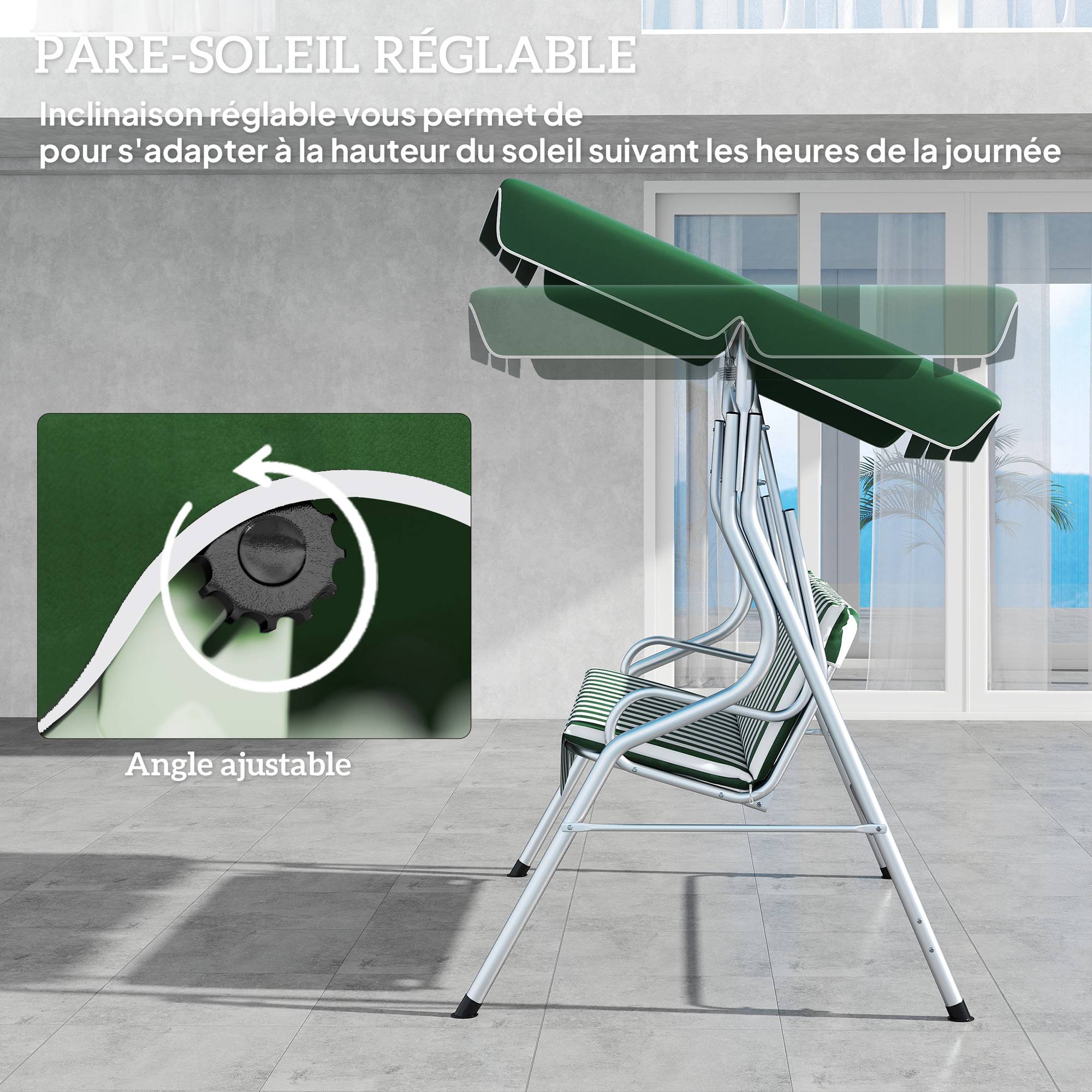 Balancelle 3 places métal terrasse toit inclinable anti-UV 170x153cm vert - ComfortXL Outdoor Living - Image 9