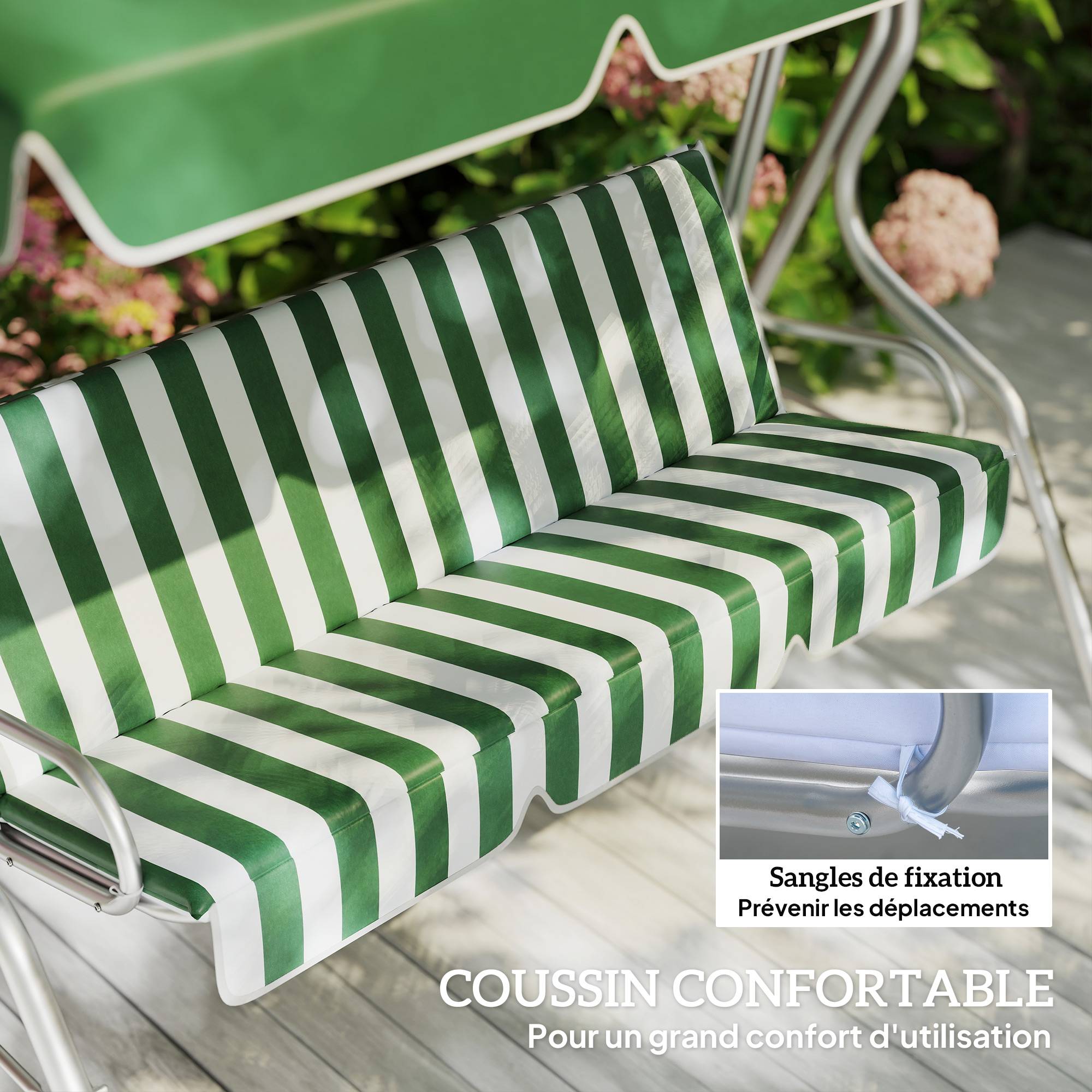 Balancelle 3 places métal terrasse toit inclinable anti-UV 170x153cm vert - ComfortXL Outdoor Living - Image 8
