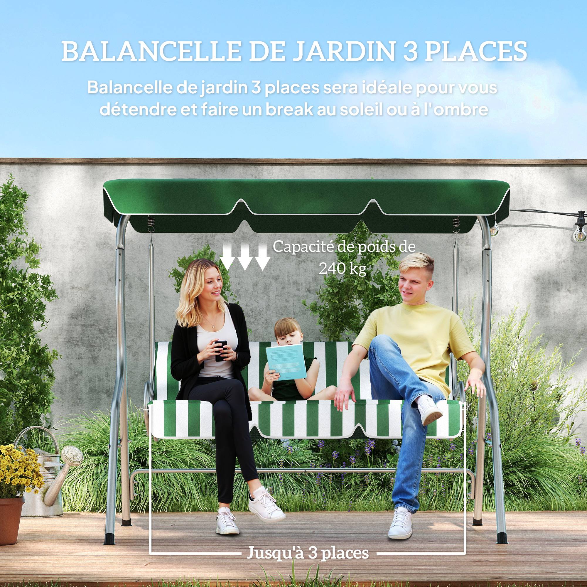 Balancelle 3 places métal terrasse toit inclinable anti-UV 170x153cm vert - ComfortXL Outdoor Living - Image 6