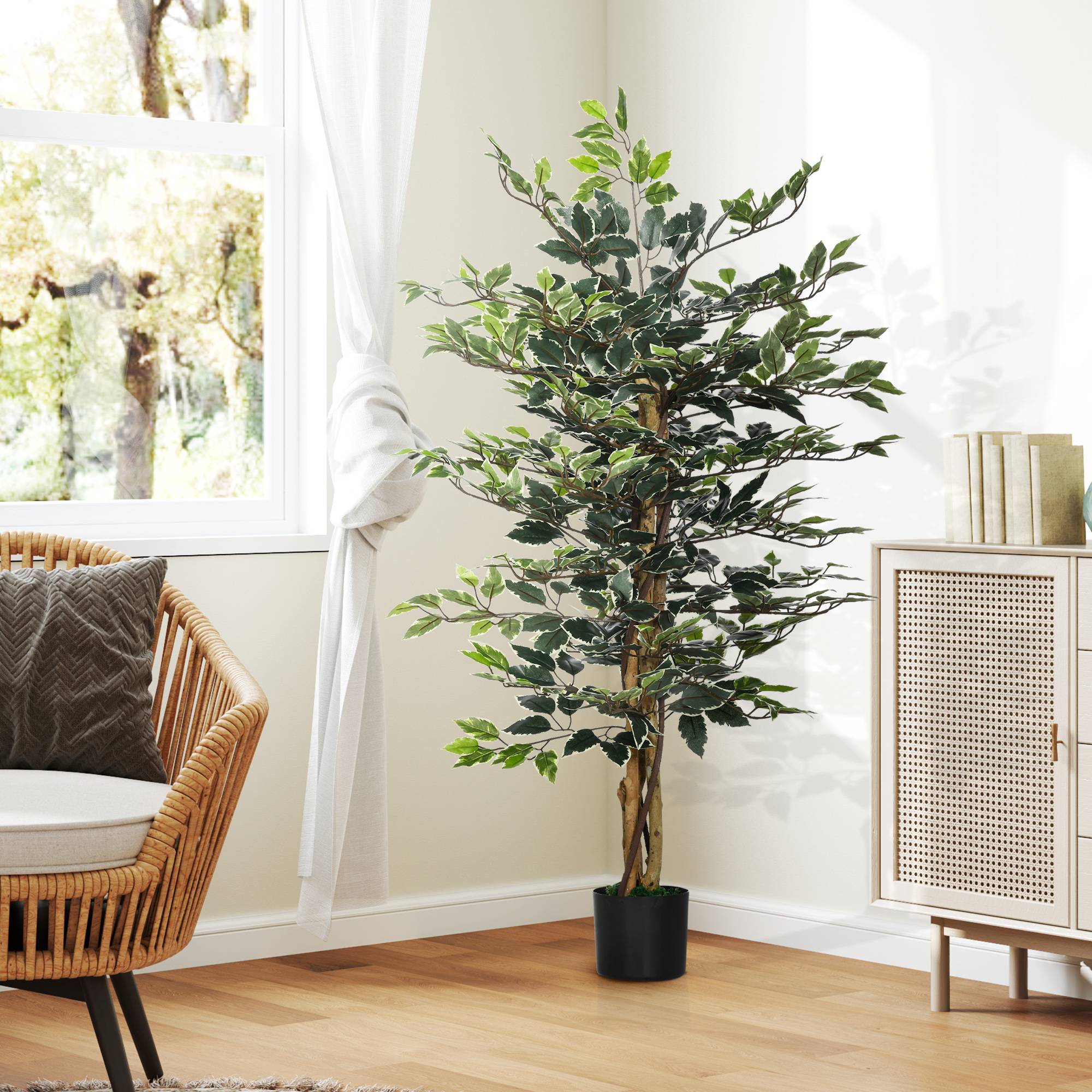 Plante artificielle ficus tronc branches liane lichen feuilles grand réalisme pot inclus hauteur 1,3 m - Image 6