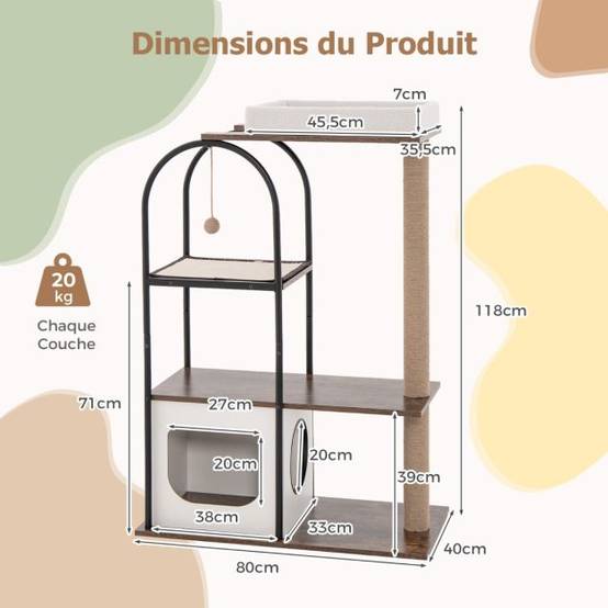 Helloshop26 - Arbre à chat de 118 cm de haut avec cadre en métal lit pour chat poteaux à gratter en jute planche en sisal boule suspendue meuble d'escalade noir - Imagen 5