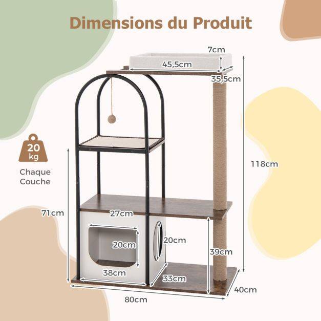 Helloshop26 - Arbre à chat de 118 cm de haut avec cadre en métal lit pour chat poteaux à gratter en jute planche en sisal boule suspendue meuble d'escalade noir - Imagen 5