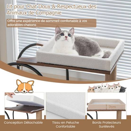 Helloshop26 - Arbre à chat de 118 cm de haut avec cadre en métal lit pour chat poteaux à gratter en jute planche en sisal boule suspendue meuble d'escalade noir - Imagen 3
