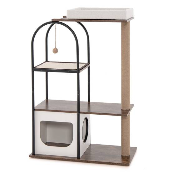 Helloshop26 - Arbre à chat de 118 cm de haut avec cadre en métal lit pour chat poteaux à gratter en jute planche en sisal boule suspendue meuble d'escalade noir - Imagen 1