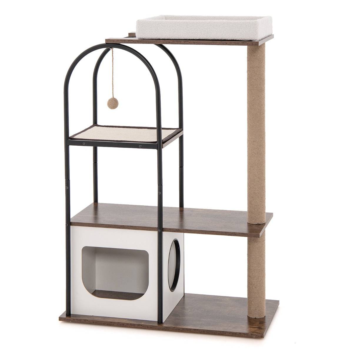 Helloshop26 - Arbre à chat de 118 cm de haut avec cadre en métal lit pour chat poteaux à gratter en jute planche en sisal boule suspendue meuble d'escalade noir - Imagen 1