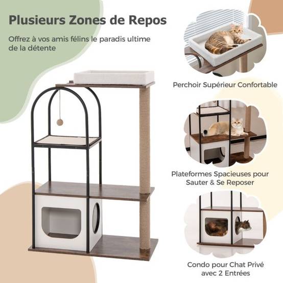 Helloshop26 - Arbre à chat de 118 cm de haut avec cadre en métal lit pour chat poteaux à gratter en jute planche en sisal boule suspendue meuble d'escalade noir - Imagen 4
