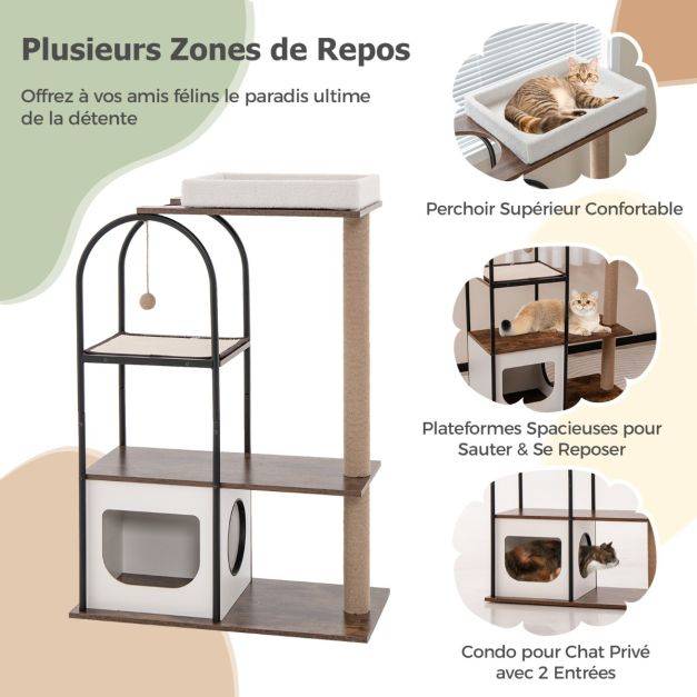 Helloshop26 - Arbre à chat de 118 cm de haut avec cadre en métal lit pour chat poteaux à gratter en jute planche en sisal boule suspendue meuble d'escalade noir - Imagen 4