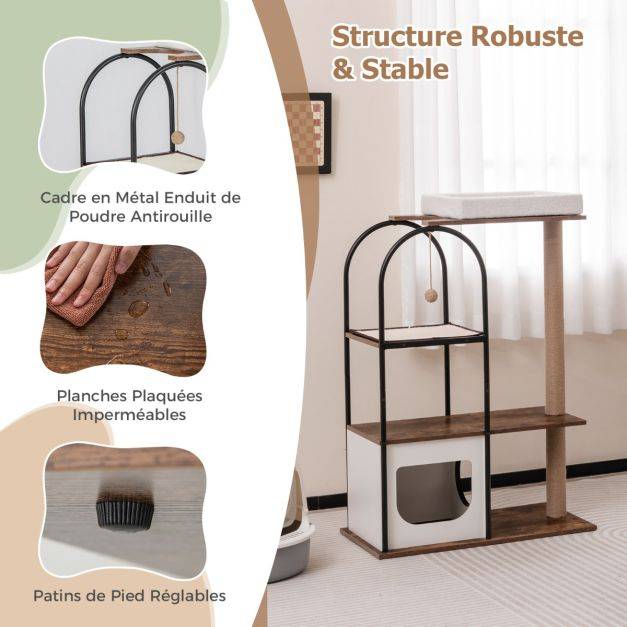 Helloshop26 - Arbre à chat de 118 cm de haut avec cadre en métal lit pour chat poteaux à gratter en jute planche en sisal boule suspendue meuble d'escalade noir - Imagen 2