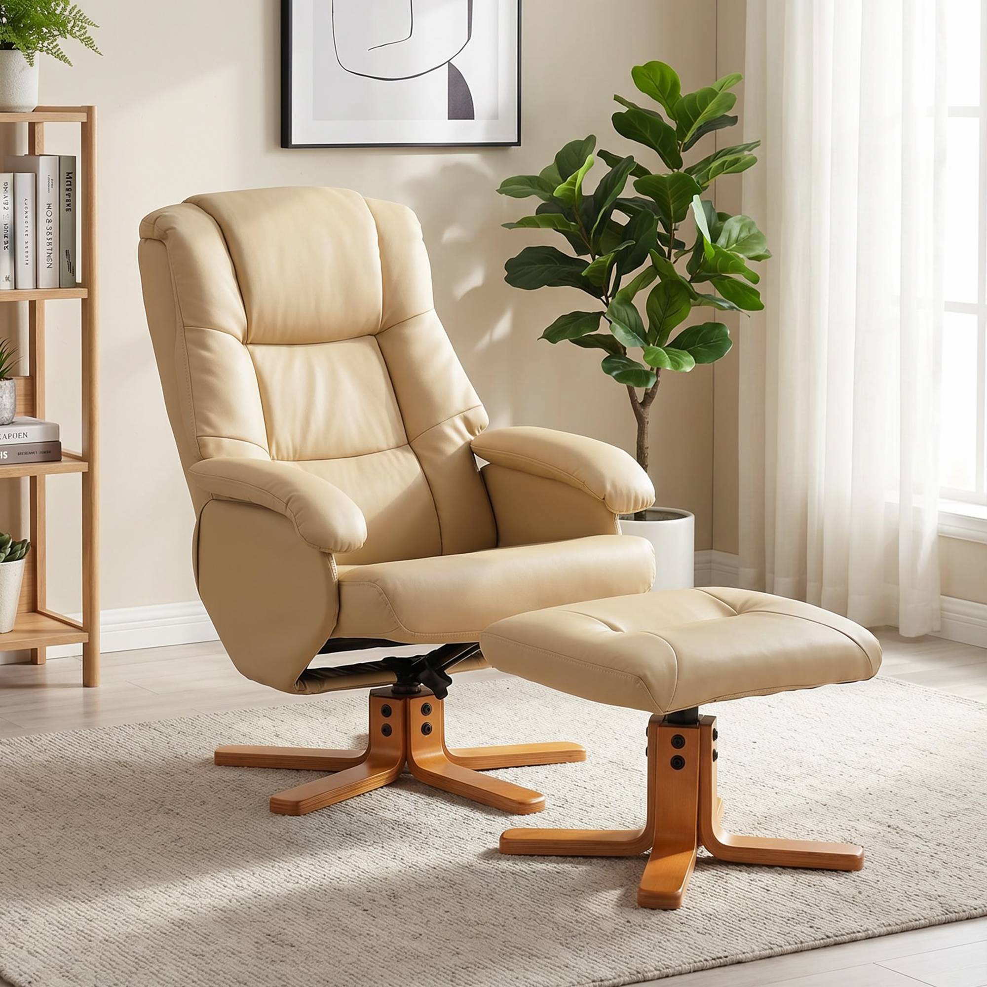 Sans Marque - Fauteuil relax avec repose-pied fauteuil de relaxation pivotant 360° dossier inclinable charge 120 Kg beige - Image 4
