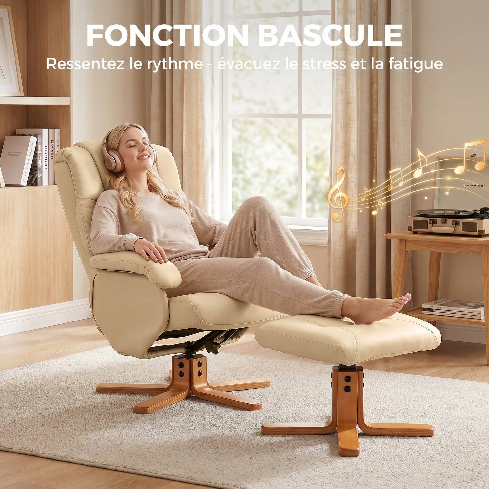 Sans Marque - Fauteuil relax avec repose-pied fauteuil de relaxation pivotant 360° dossier inclinable charge 120 Kg beige - Image 7