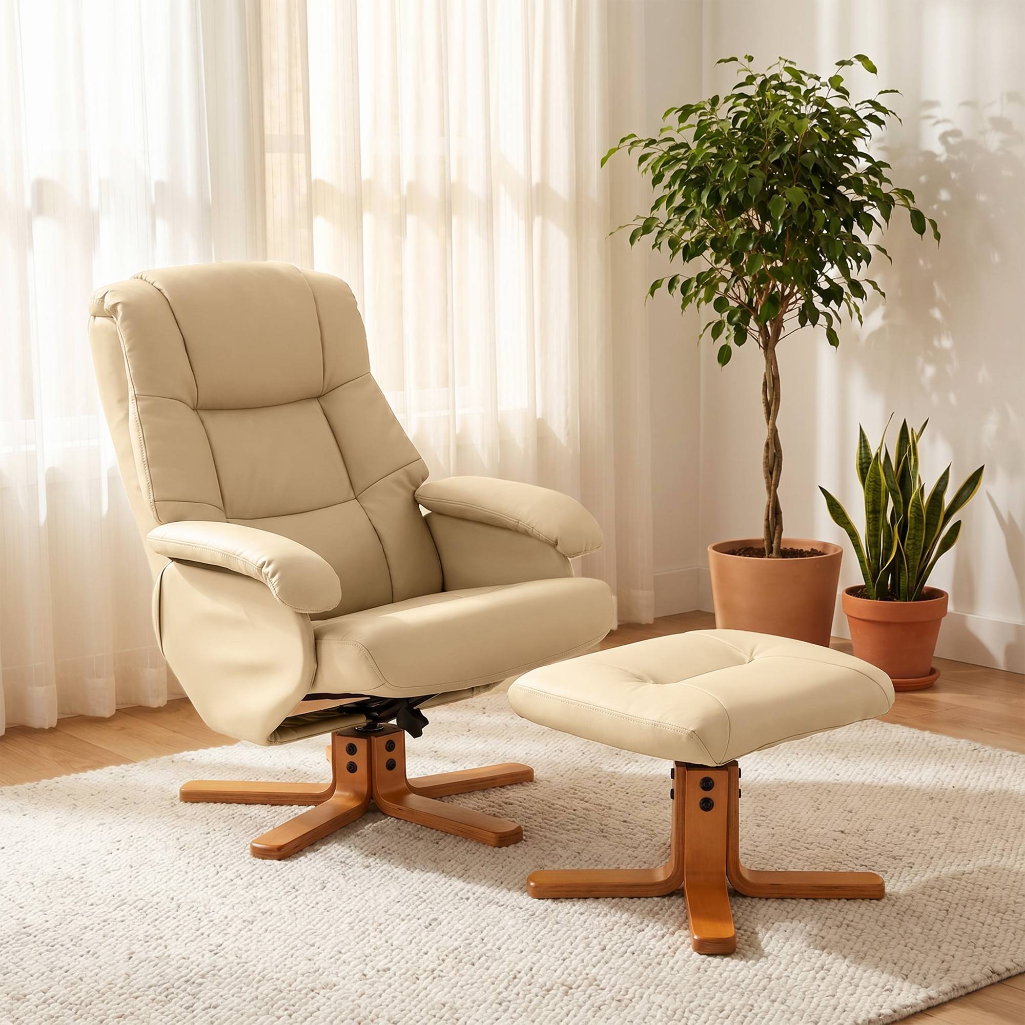 Sans Marque - Fauteuil relax avec repose-pied fauteuil de relaxation pivotant 360° dossier inclinable charge 120 Kg beige - Image 3
