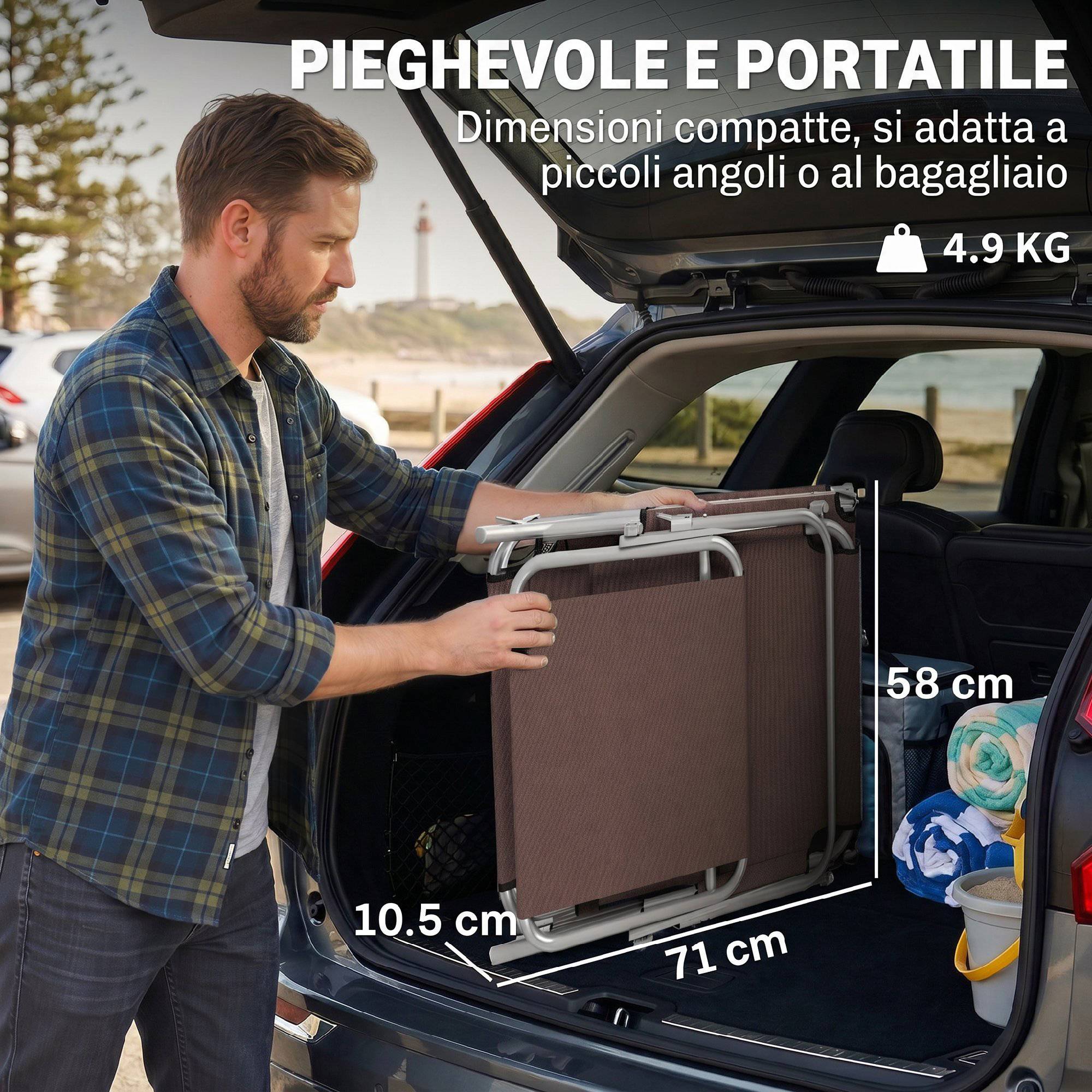 Transat de jardin pliable et réglable avec auvent en tissu marron, 187 x 58 x 50 cm - Image 9