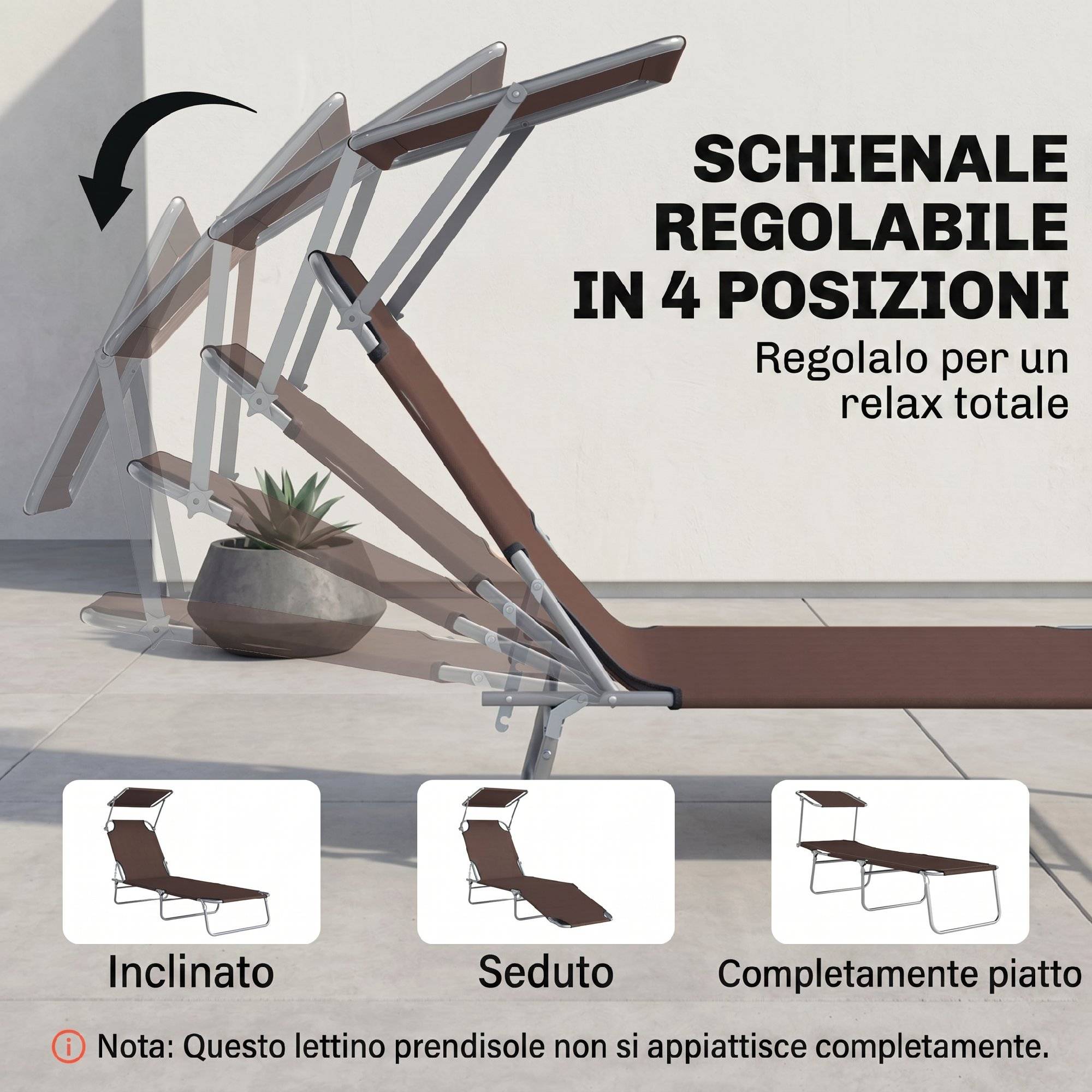 Transat de jardin pliable et réglable avec auvent en tissu marron, 187 x 58 x 50 cm - Image 7