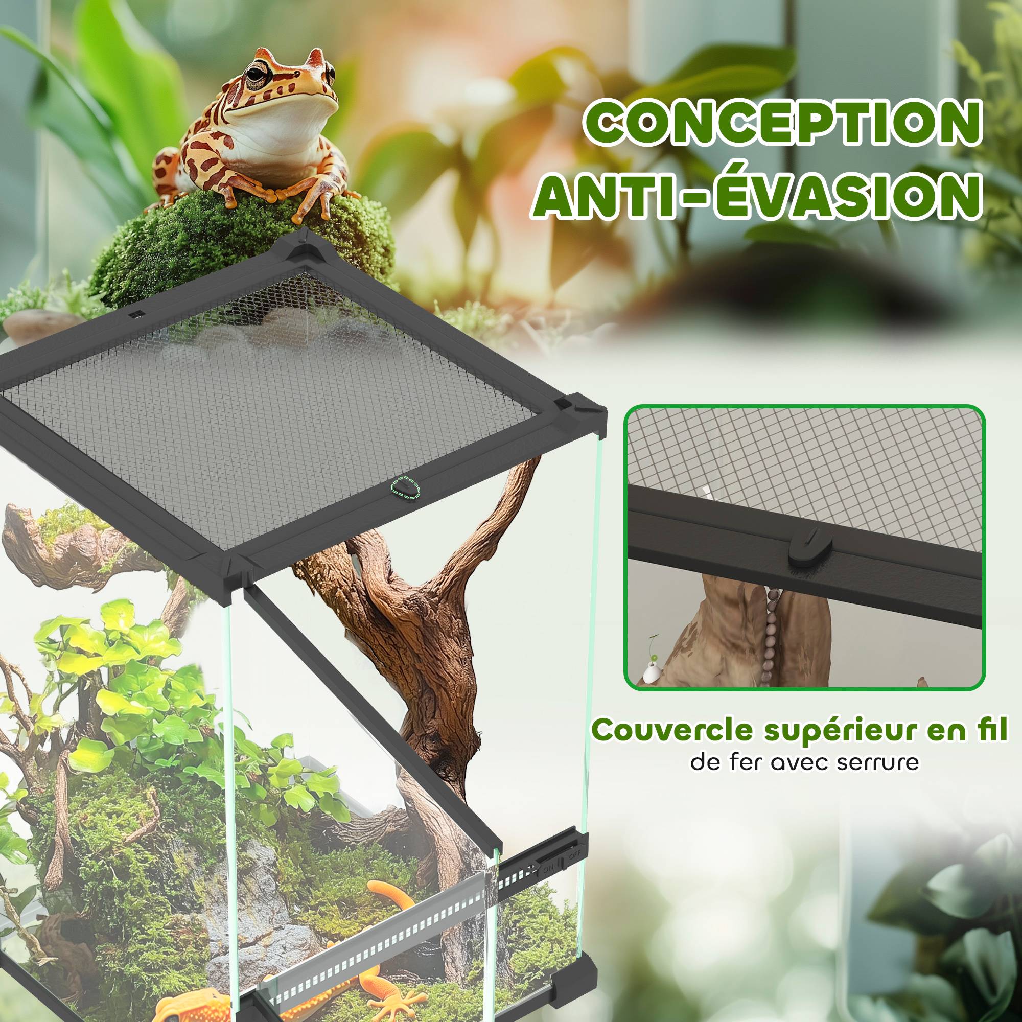 Terrarium en verre pour reptiles vivarium 12 L avec couvercle en treillis métallique, 20 x 20 x 30 cm, noir - Image 8