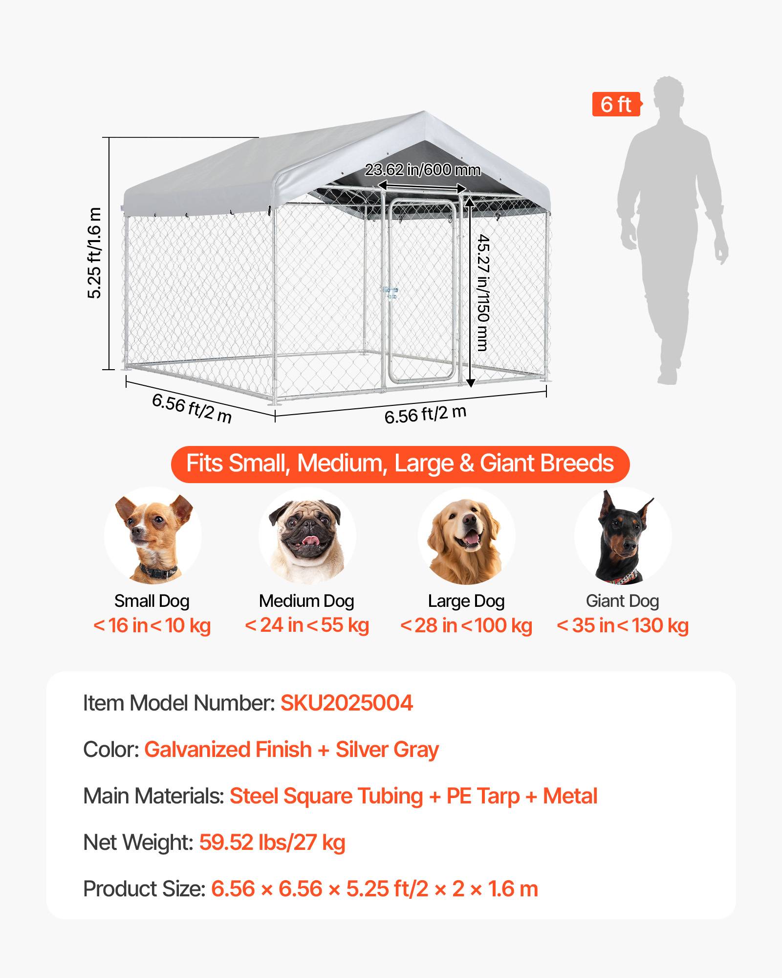 Vevor - VEVOR Chenil extérieur 2x2x1,6 m, enclos robuste pour grands chiens, toit PE anti-UV, verrou sécurisé - Image 6