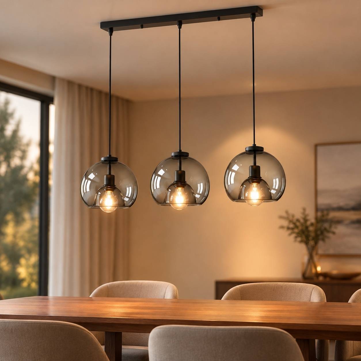 Suspension Lustre En Verre Fumé 3 Lampes E27 Noir Hauteur Réglable - Image 3
