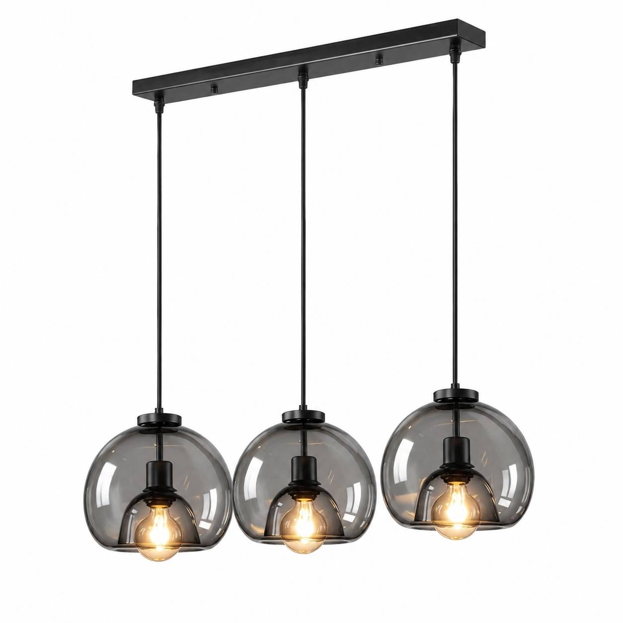 Suspension Lustre En Verre Fumé 3 Lampes E27 Noir Hauteur Réglable