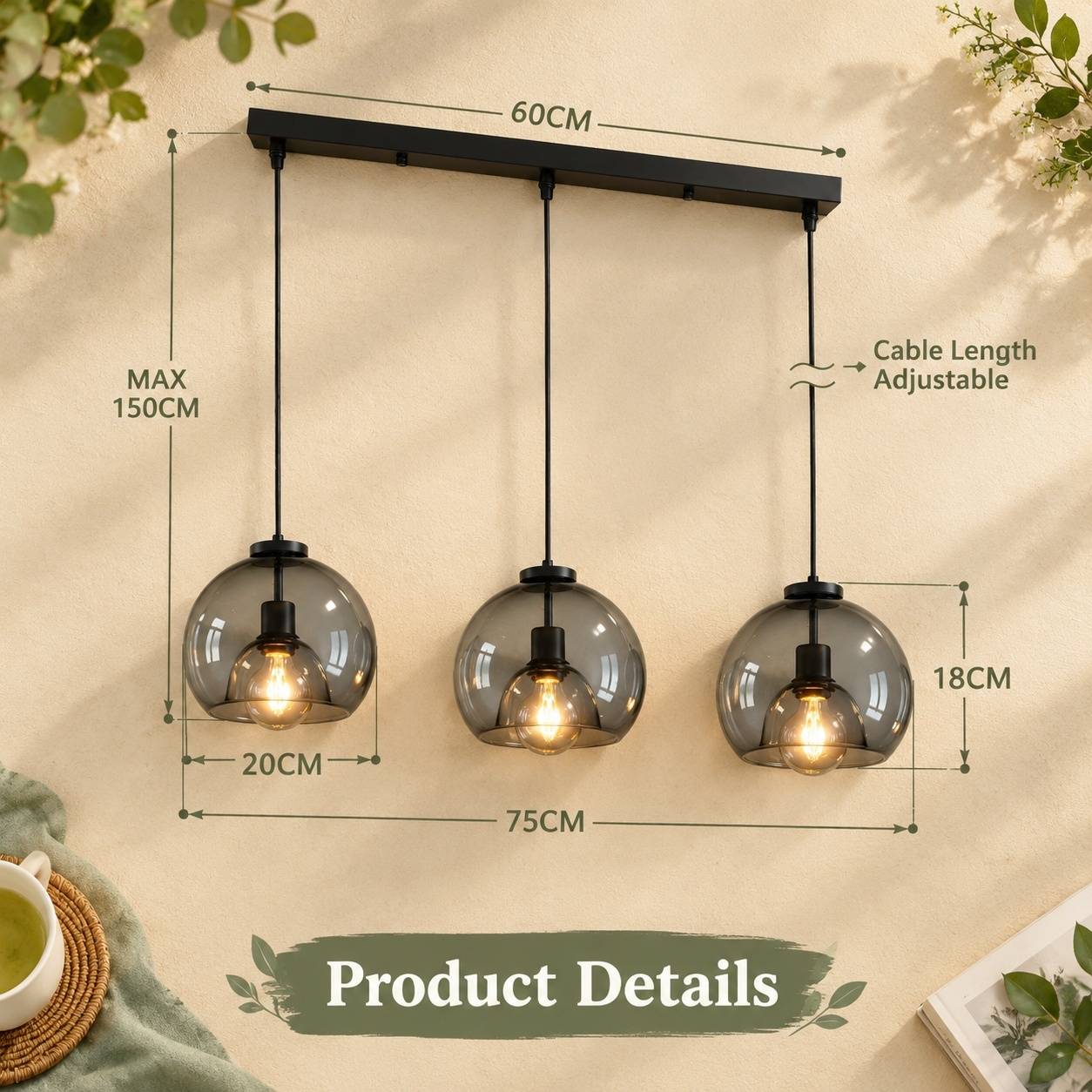 Suspension Lustre En Verre Fumé 3 Lampes E27 Noir Hauteur Réglable - Image 6