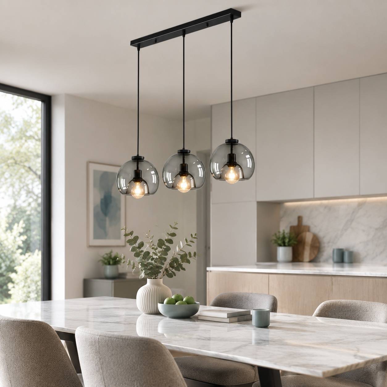 Suspension Lustre En Verre Fumé 3 Lampes E27 Noir Hauteur Réglable - Image 2