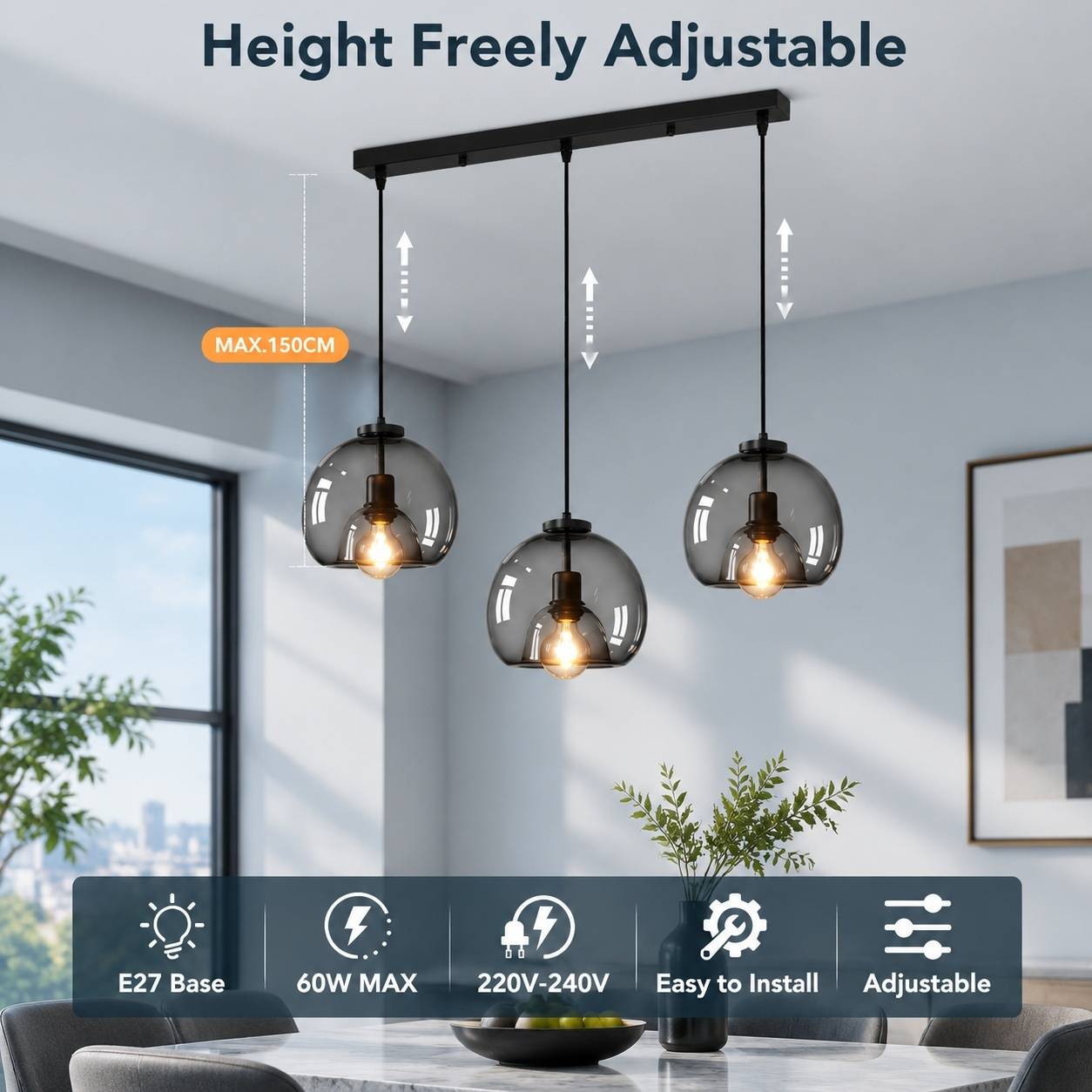 Suspension Lustre En Verre Fumé 3 Lampes E27 Noir Hauteur Réglable - Image 4
