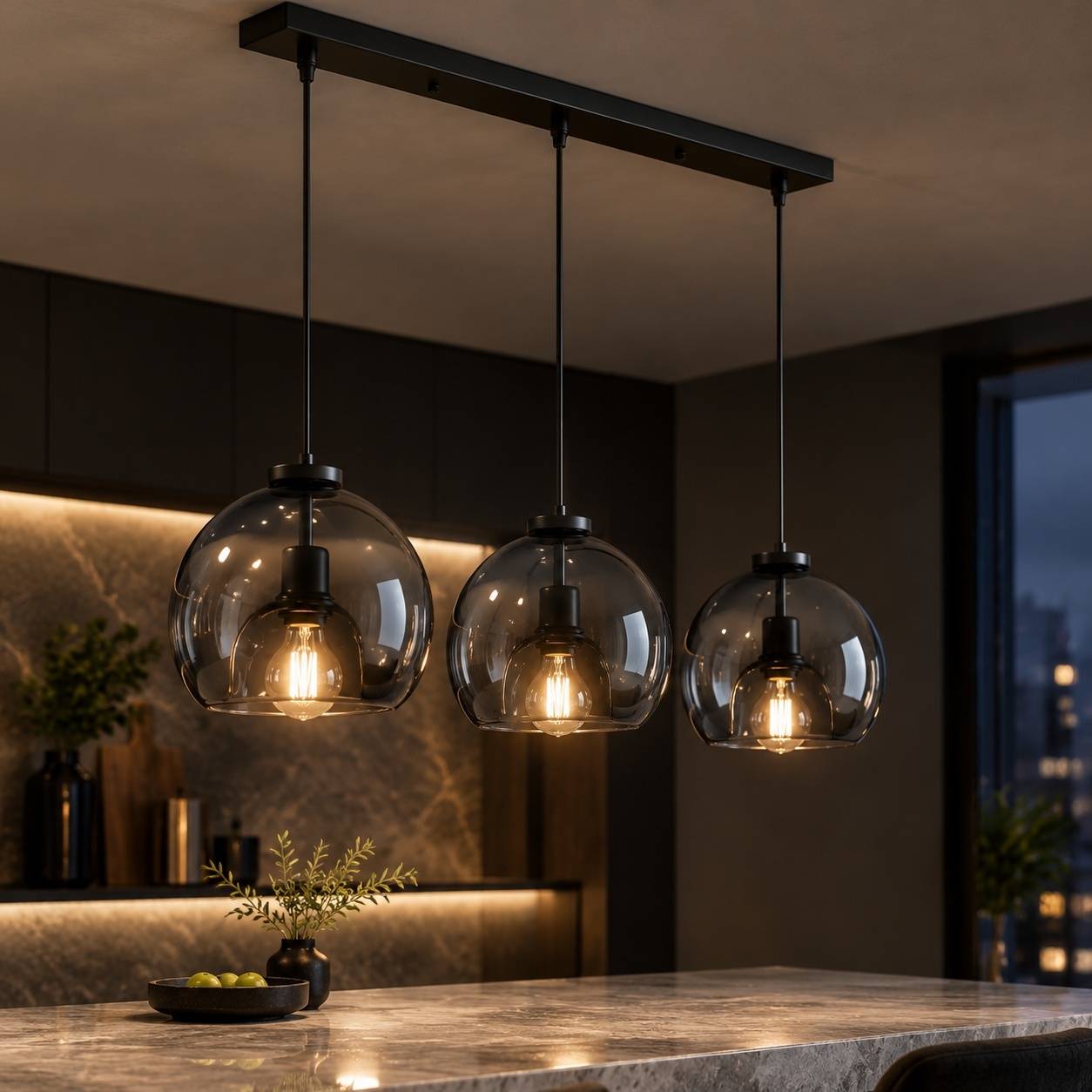 Suspension Lustre En Verre Fumé 3 Lampes E27 Noir Hauteur Réglable - Image 8