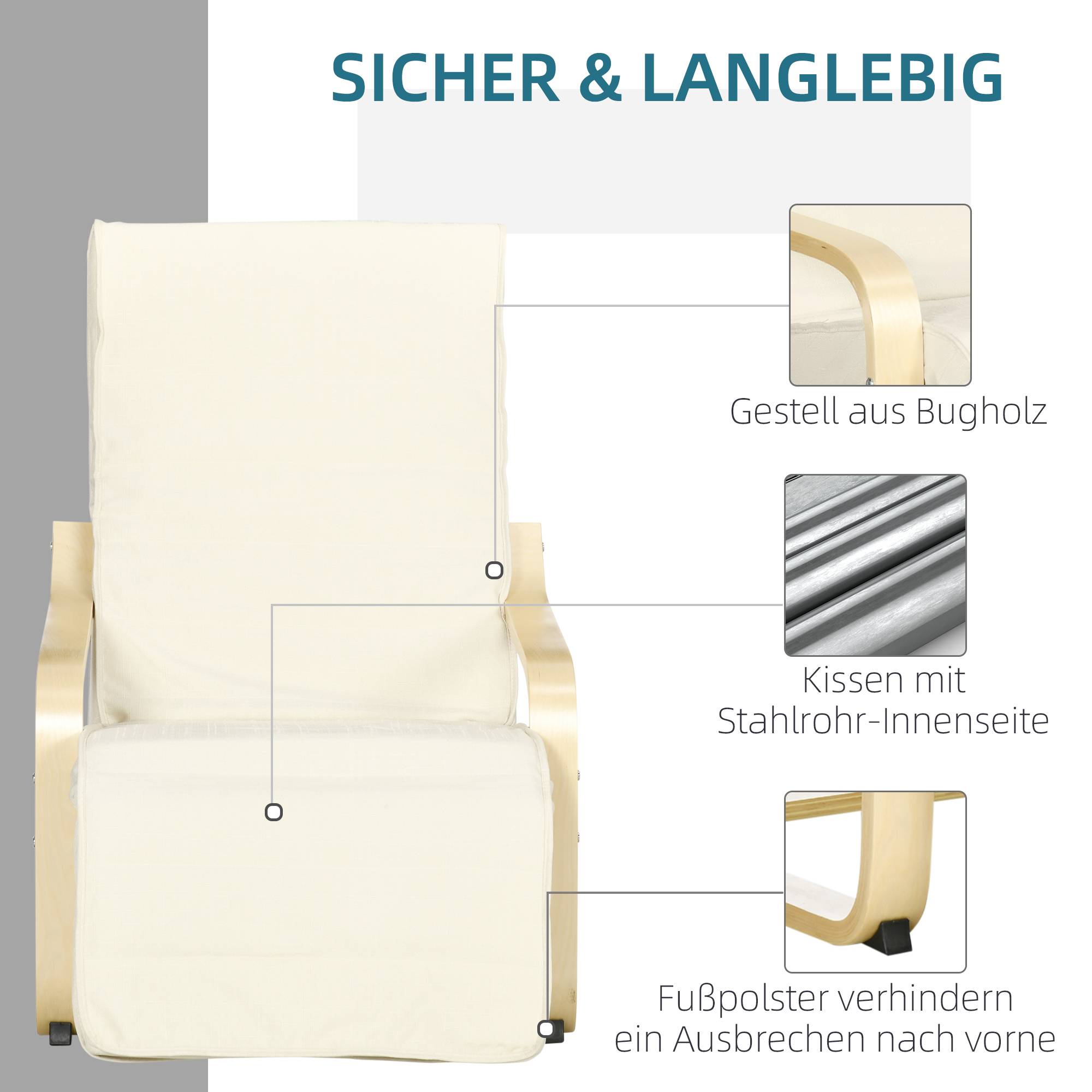 ComfortXL - Fauteuil à Bascule Relax Bois Bouleau Repose-Pieds Réglable Salon Beige 100cm - ComfortXL Outdoor Living - Image 6