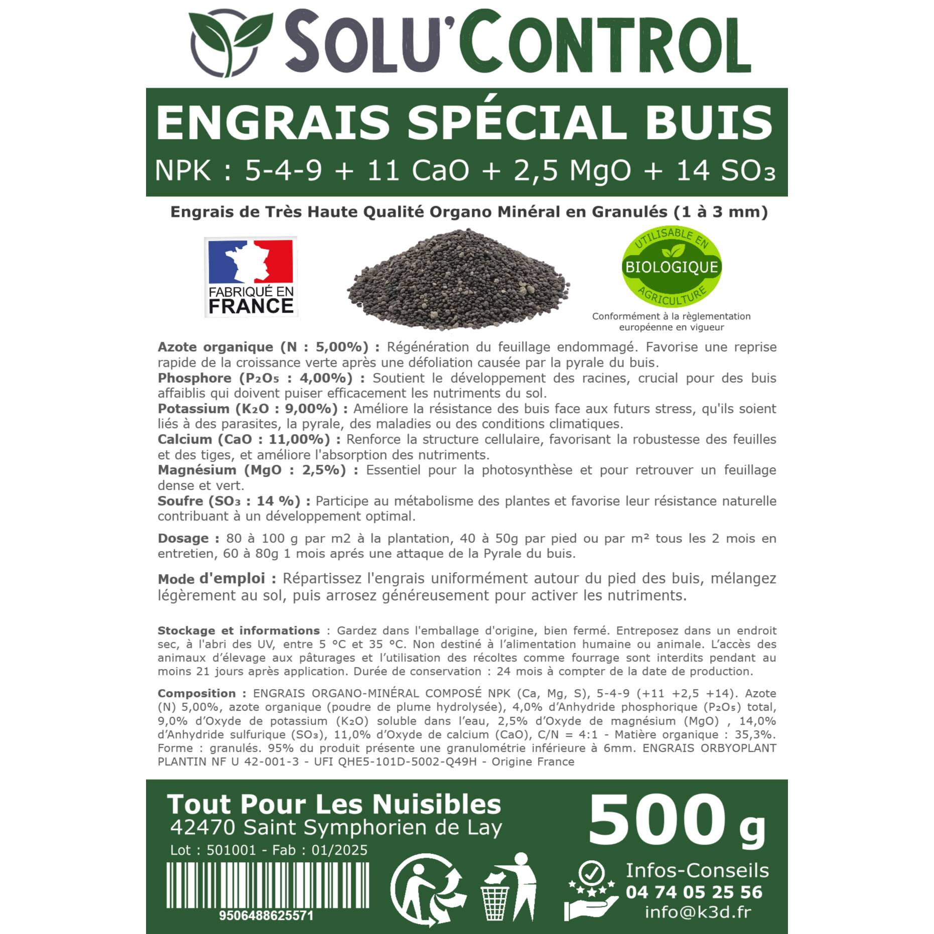 SOLU’CONTROL - Engrais Spécial Buis 500 g - Formulation haute qualité Organo-Minérale - Image 3