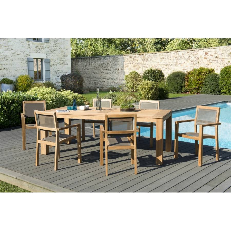 Macabane - HALICE - SALON DE JARDIN EN BOIS TECK 6/8 pers - 1 Table rectangulaire 220*100 cm et 6 fauteuils empilables taupe - Imagen 2