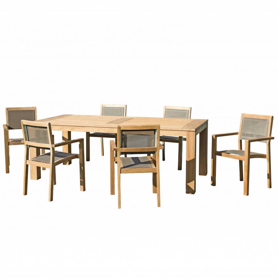 Macabane - HALICE - SALON DE JARDIN EN BOIS TECK 6/8 pers - 1 Table rectangulaire 220*100 cm et 6 fauteuils empilables taupe - Imagen 1