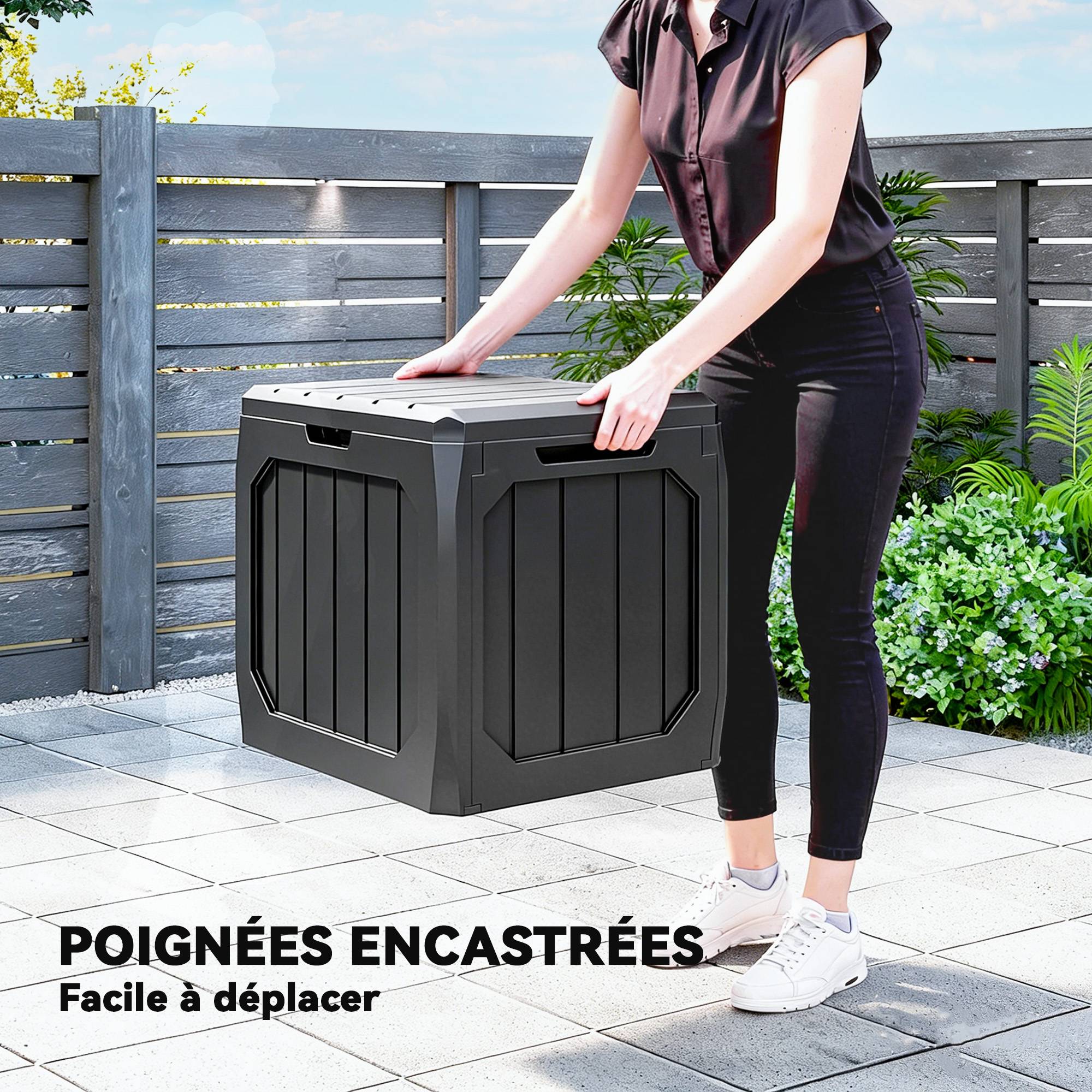 Coffre de rangement exterieur 121L, coffre de jardin avec poignées, conteneur étanche, 56 x 45 x 53 cm, noir - Image 7