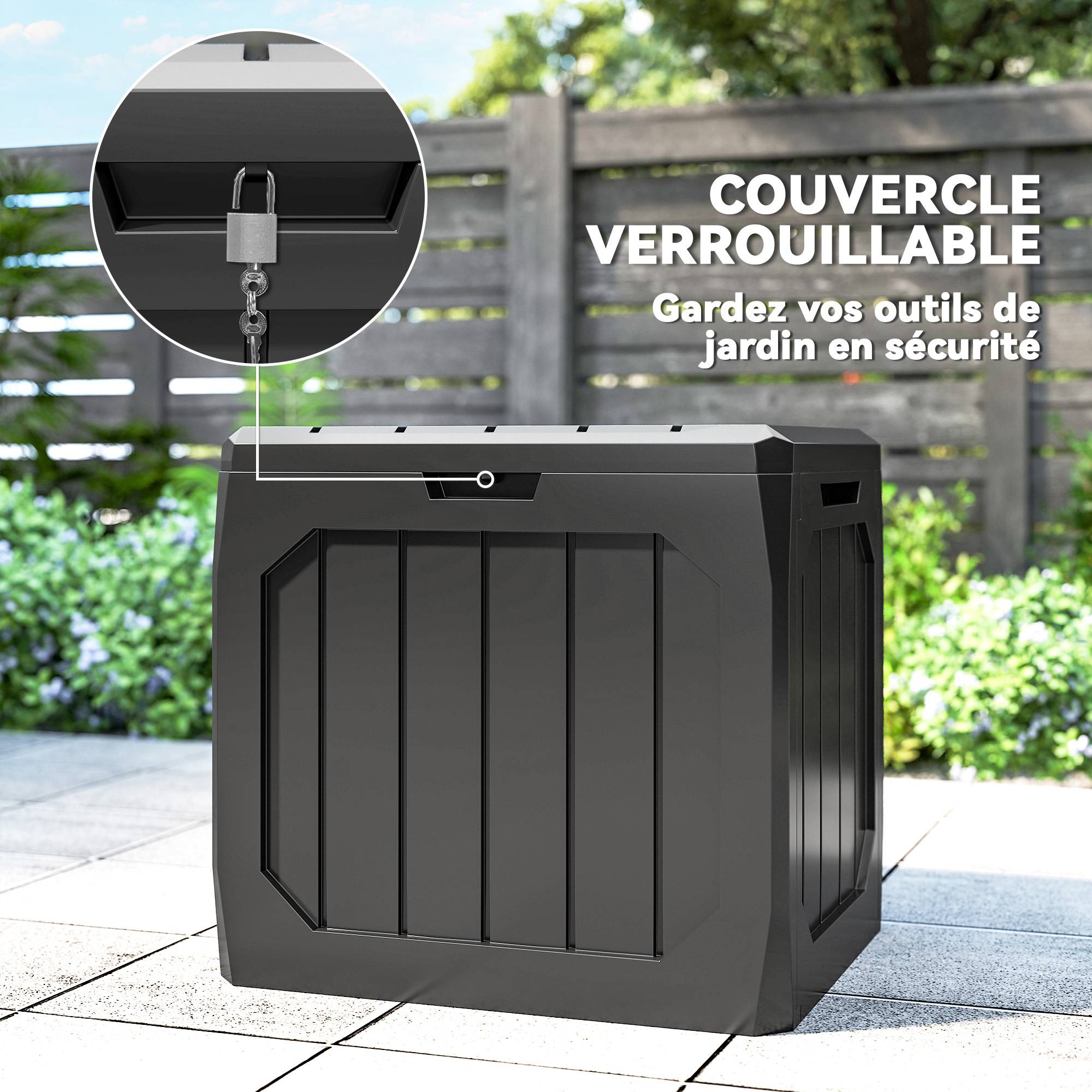 Coffre de rangement exterieur 121L, coffre de jardin avec poignées, conteneur étanche, 56 x 45 x 53 cm, noir - Image 8
