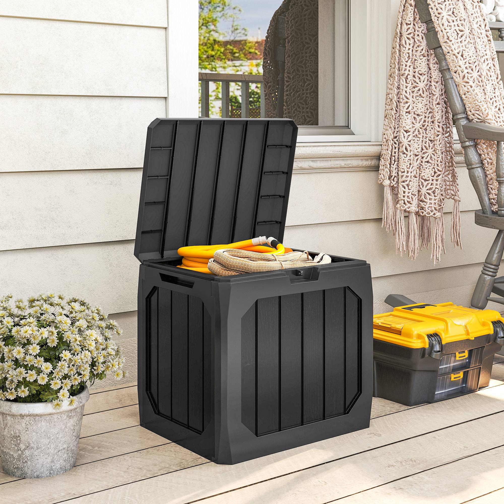 Coffre de rangement exterieur 121L, coffre de jardin avec poignées, conteneur étanche, 56 x 45 x 53 cm, noir - Image 3
