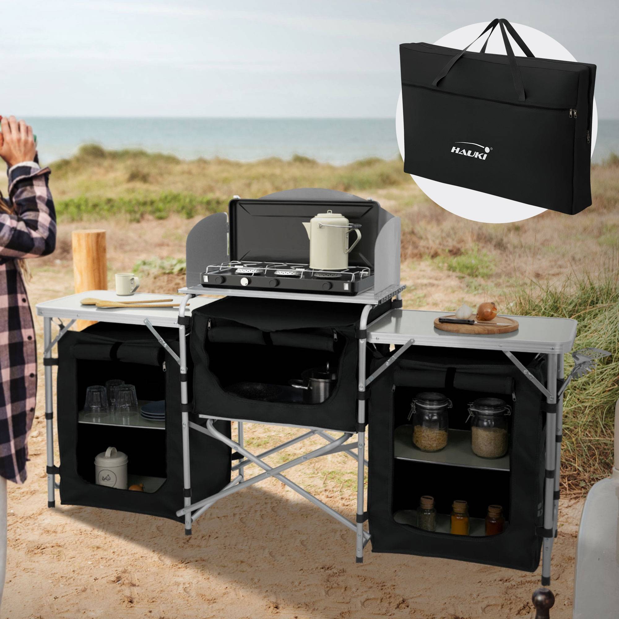 Cuisine de Camping Pliable, avec Sac de Transport, Meuble à Étagères de Rangement, Noir, Aluminium/Tissu Oxford - Image 2