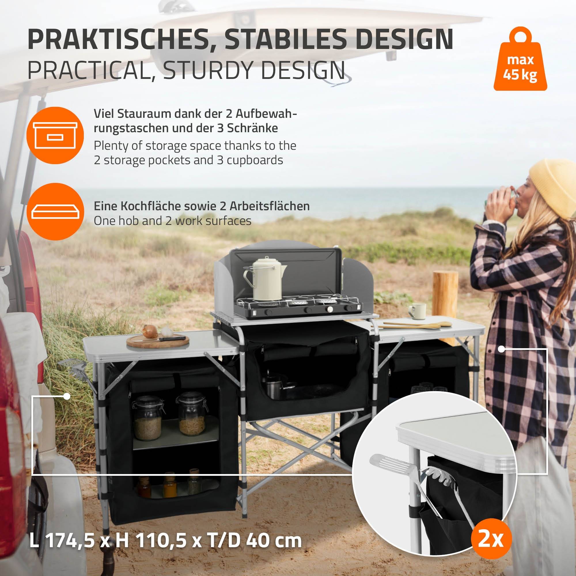 Cuisine de Camping Pliable, avec Sac de Transport, Meuble à Étagères de Rangement, Noir, Aluminium/Tissu Oxford - Image 4