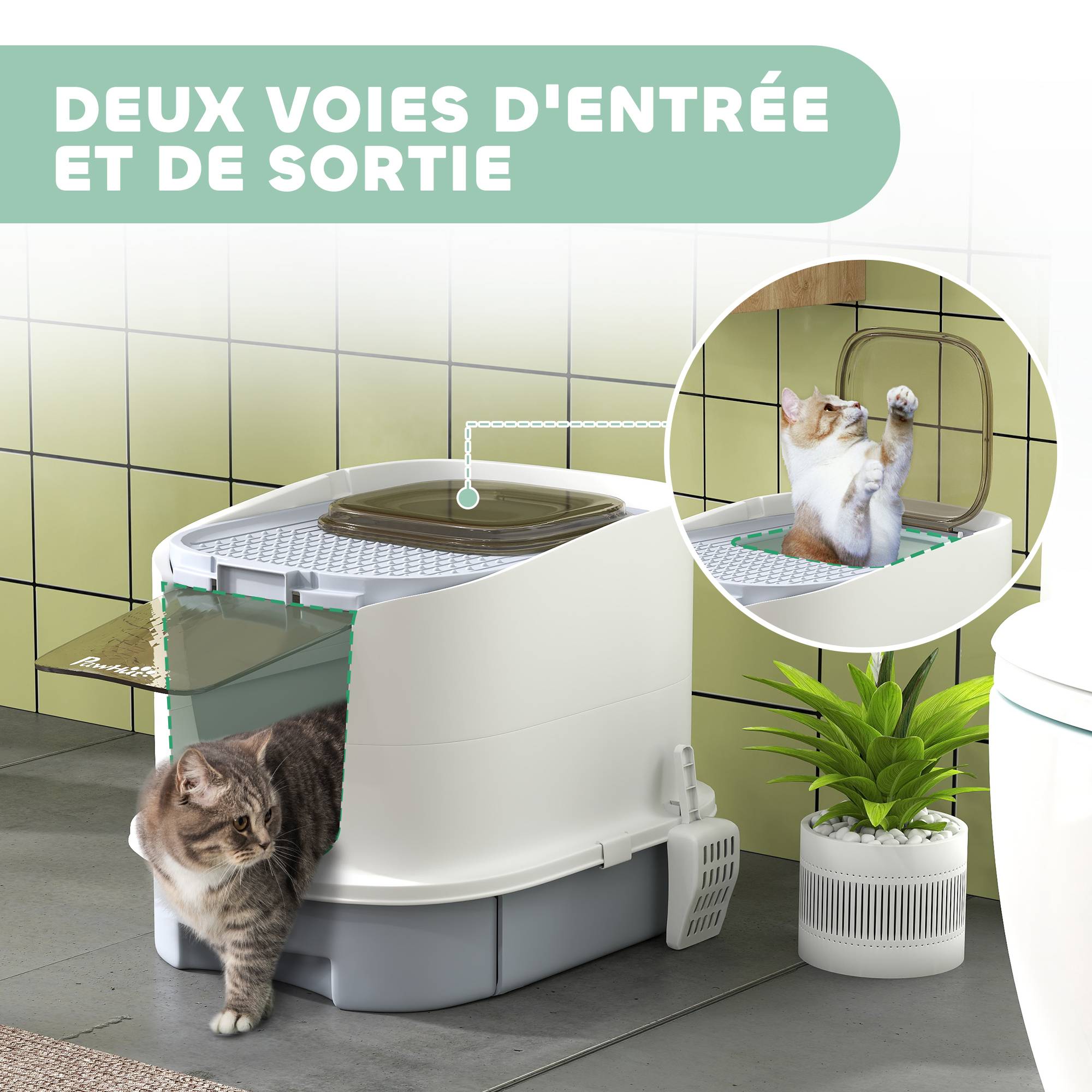 Maison de toilette pour chat, bac à litière fermé avec porte translucide, pelle incluse, 40,5x52,5x42,5cm, gris - Image 8