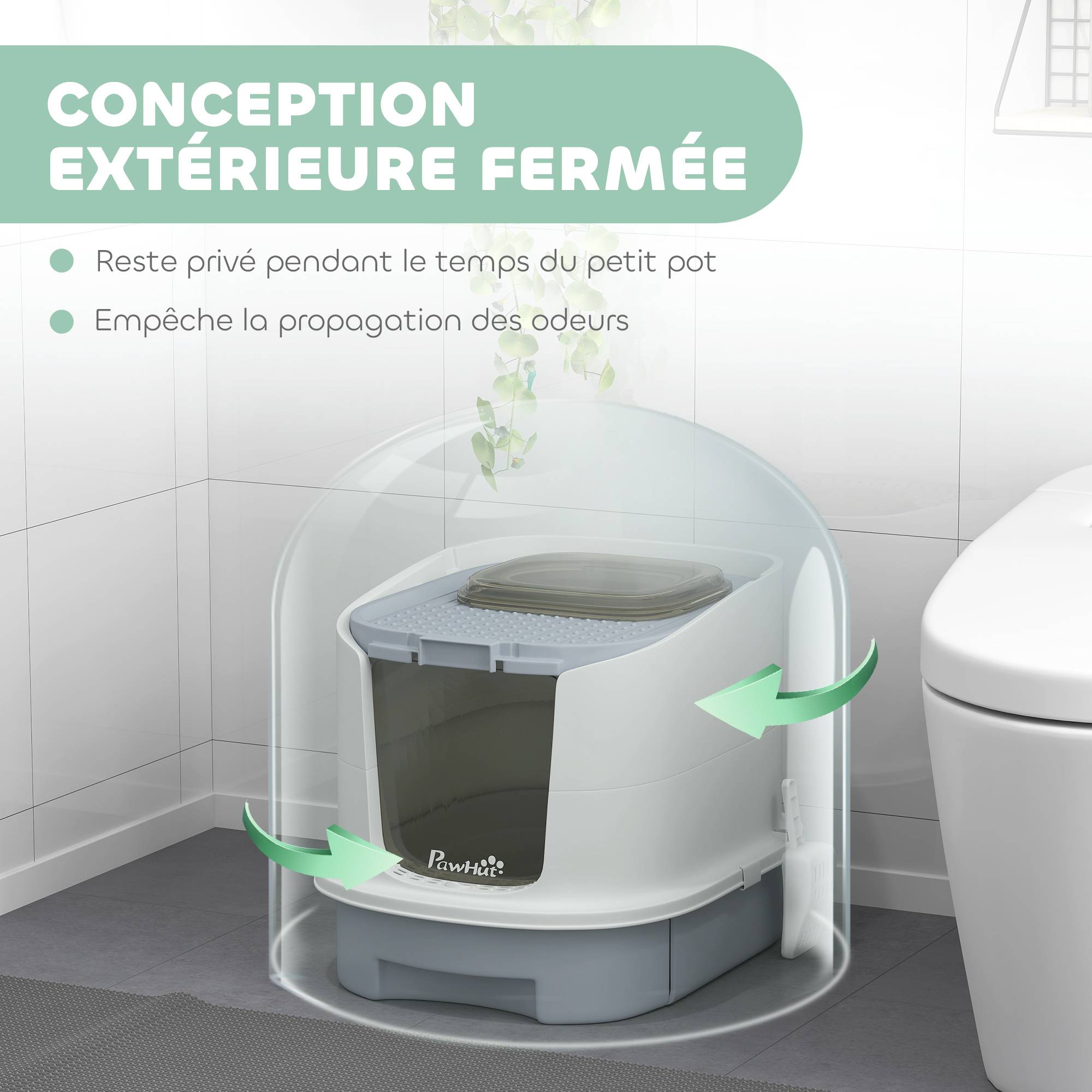 Maison de toilette pour chat, bac à litière fermé avec porte translucide, pelle incluse, 40,5x52,5x42,5cm, gris - Image 6