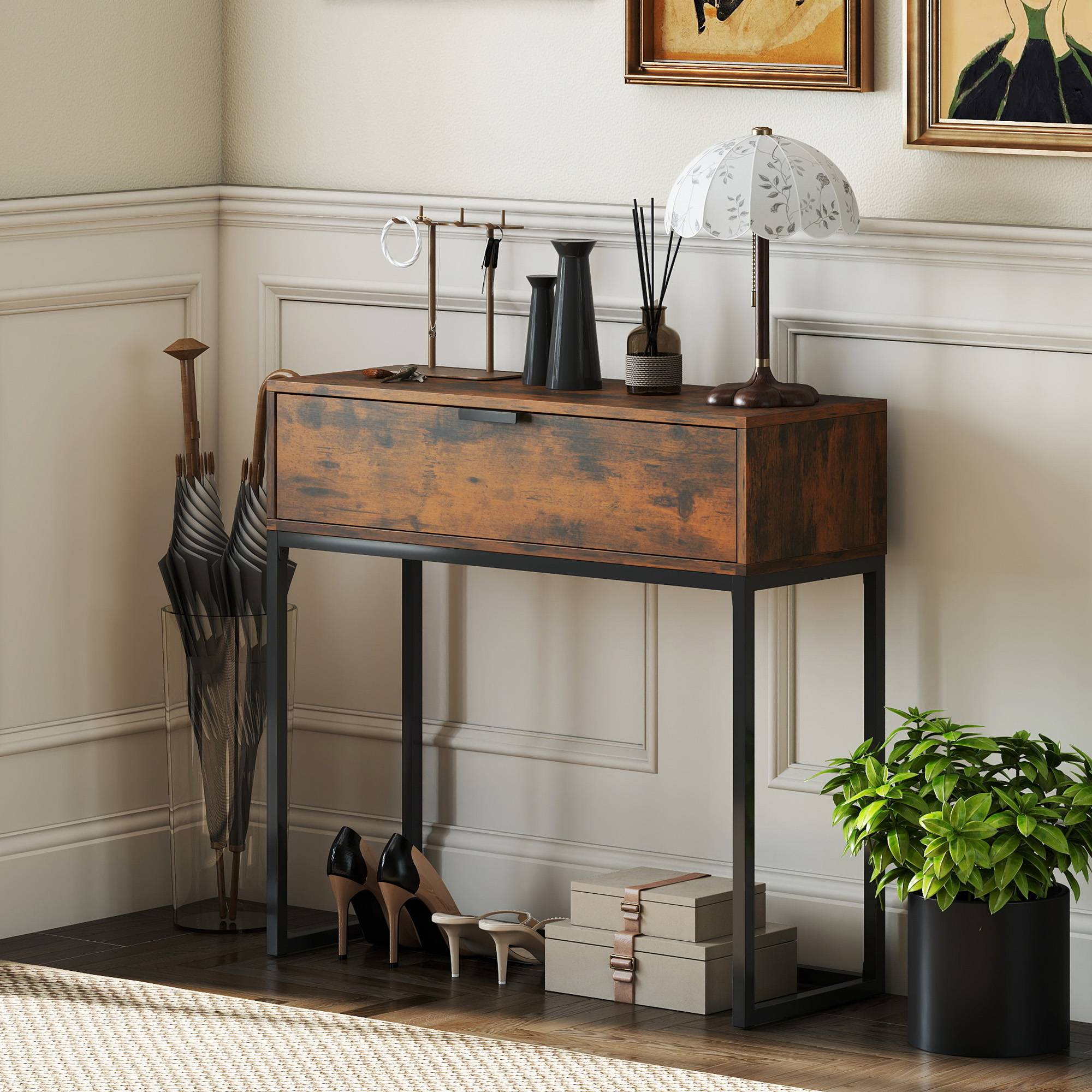 Console avec tiroir, style industriel, pour entrée ou salon, 80 x 30 x 76 cm, noire - Image 4
