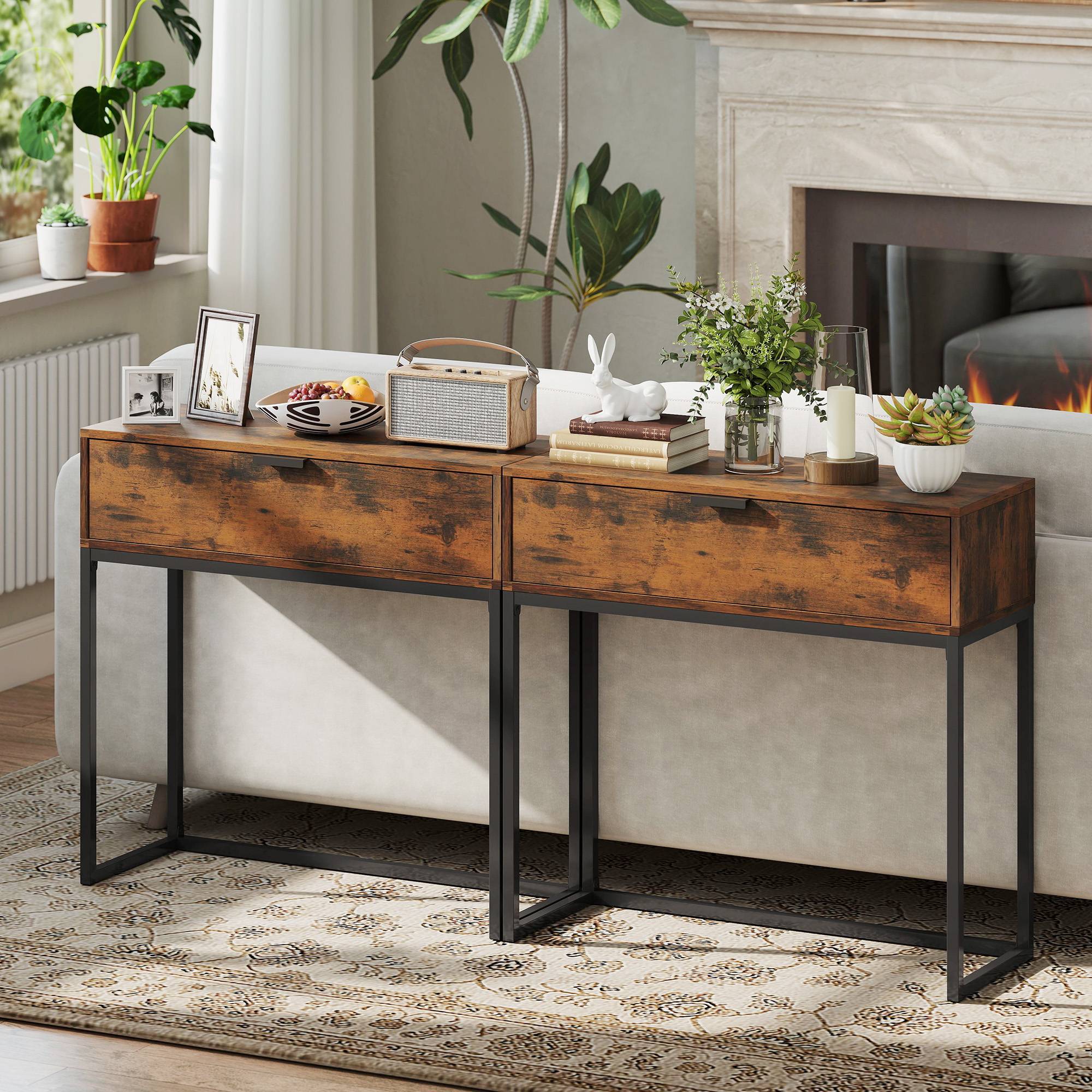 Console avec tiroir, style industriel, pour entrée ou salon, 80 x 30 x 76 cm, noire - Image 9