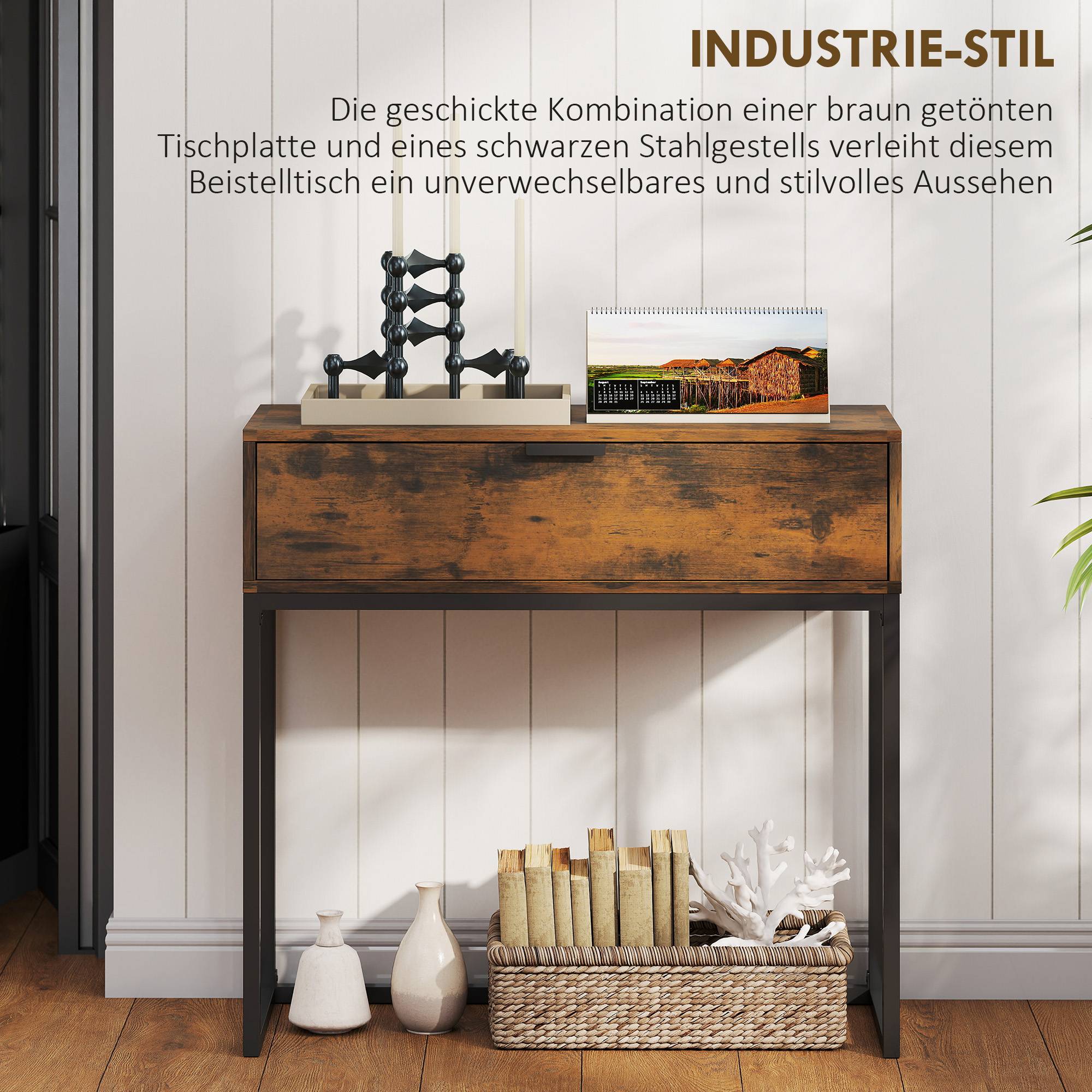 Console avec tiroir, style industriel, pour entrée ou salon, 80 x 30 x 76 cm, noire - Image 6