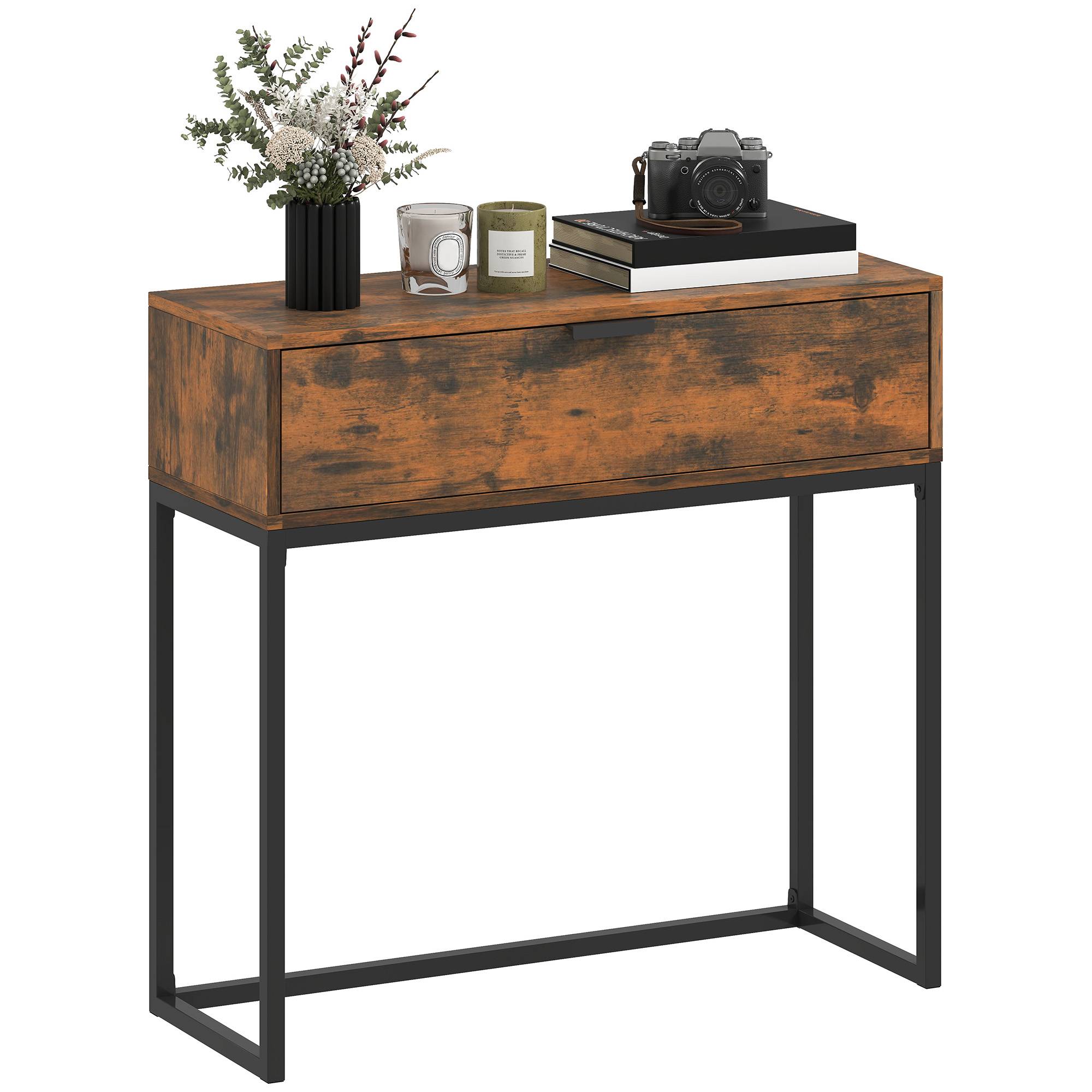 Console avec tiroir, style industriel, pour entrée ou salon, 80 x 30 x 76 cm, noire - Image 1