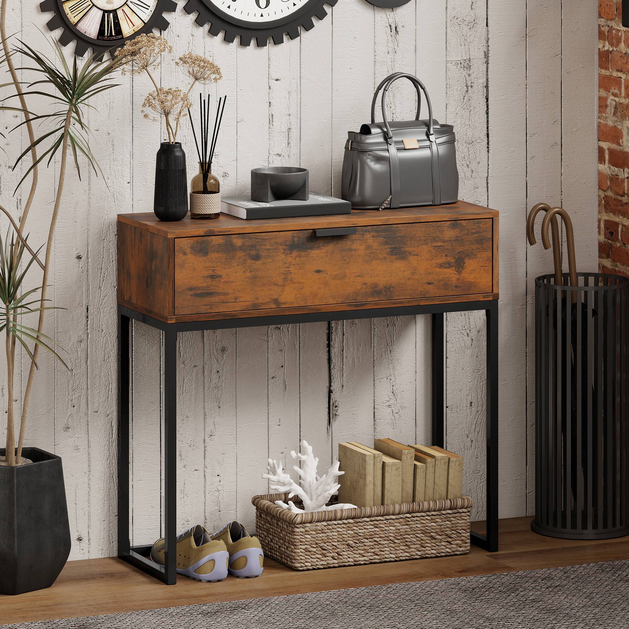 Console avec tiroir, style industriel, pour entrée ou salon, 80 x 30 x 76 cm, noire - Image 3
