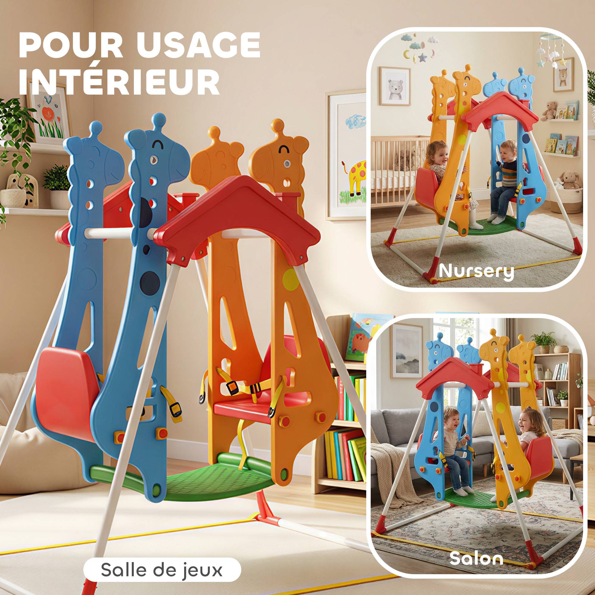 Balançoire pour Enfants, Portique Balançoire Enfants 3-5 Ans avec Double Siège Face à Face, 114x94x134,5cm, Multicolore - Image 9