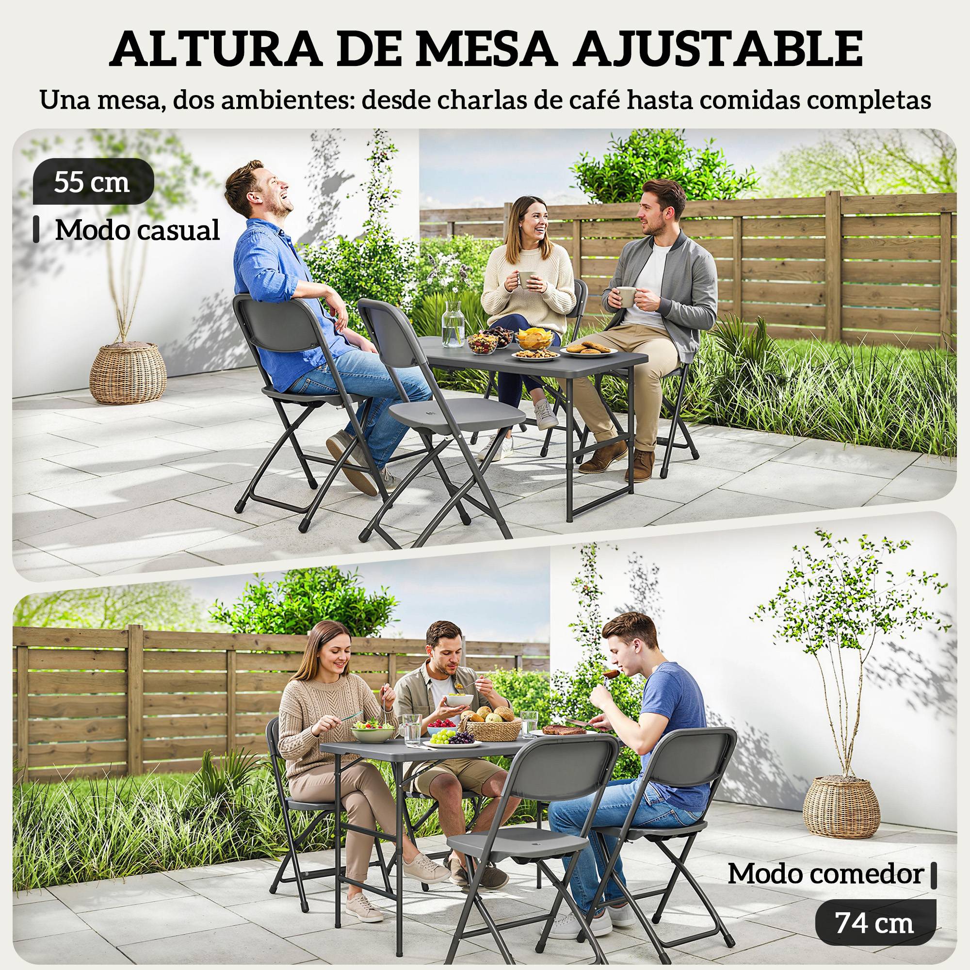 ComfortXL - Salon de jardin pliant acier HDPE table hauteur ajustable 4 chaises gris foncé - ComfortXL Outdoor Living - Image 7