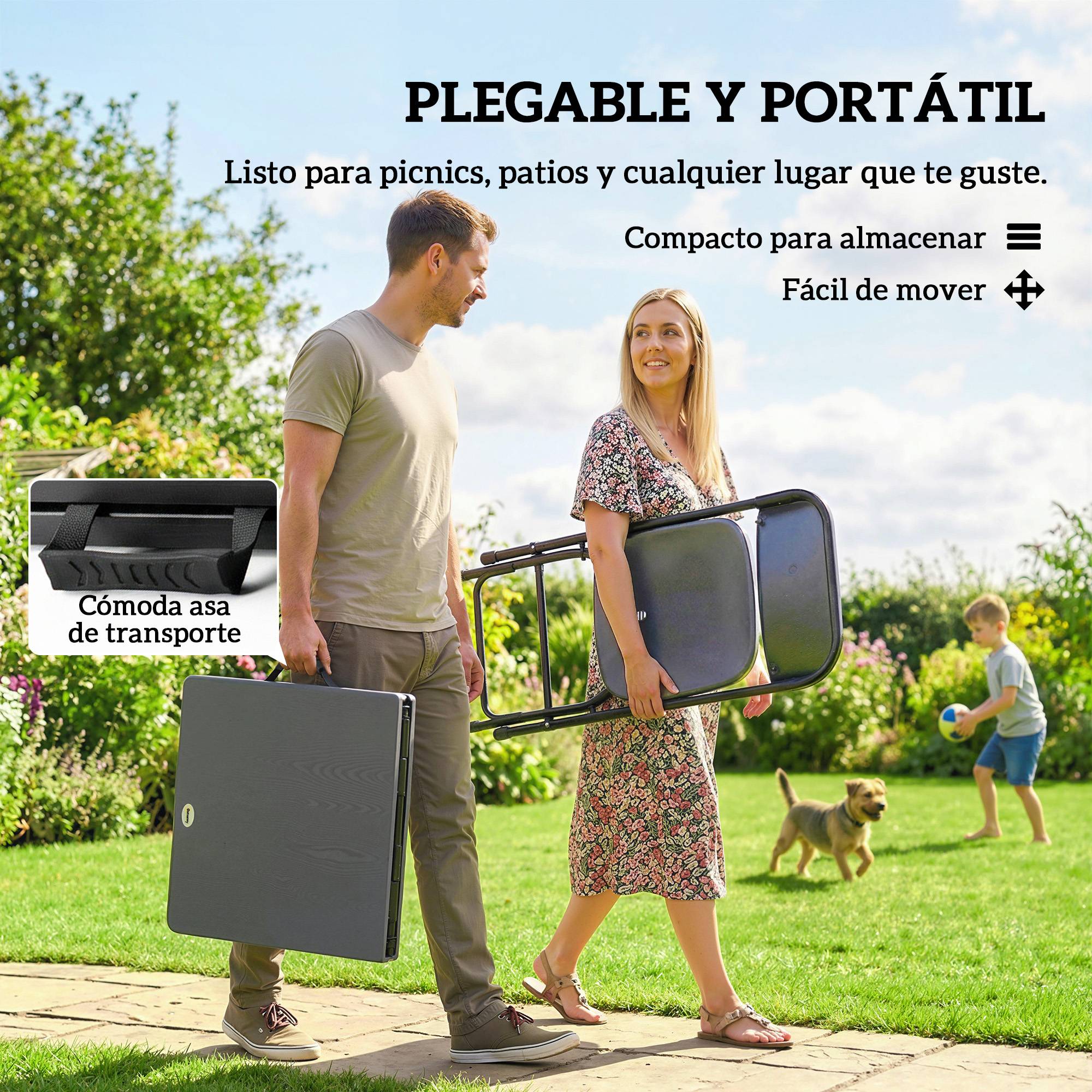 ComfortXL - Salon de jardin pliant acier HDPE table hauteur ajustable 4 chaises gris foncé - ComfortXL Outdoor Living - Image 6